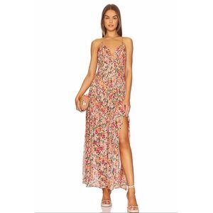 ASTR The Label Tropics Plunge Pleated Floral Maxi Dress Peach Fuchsia Size L